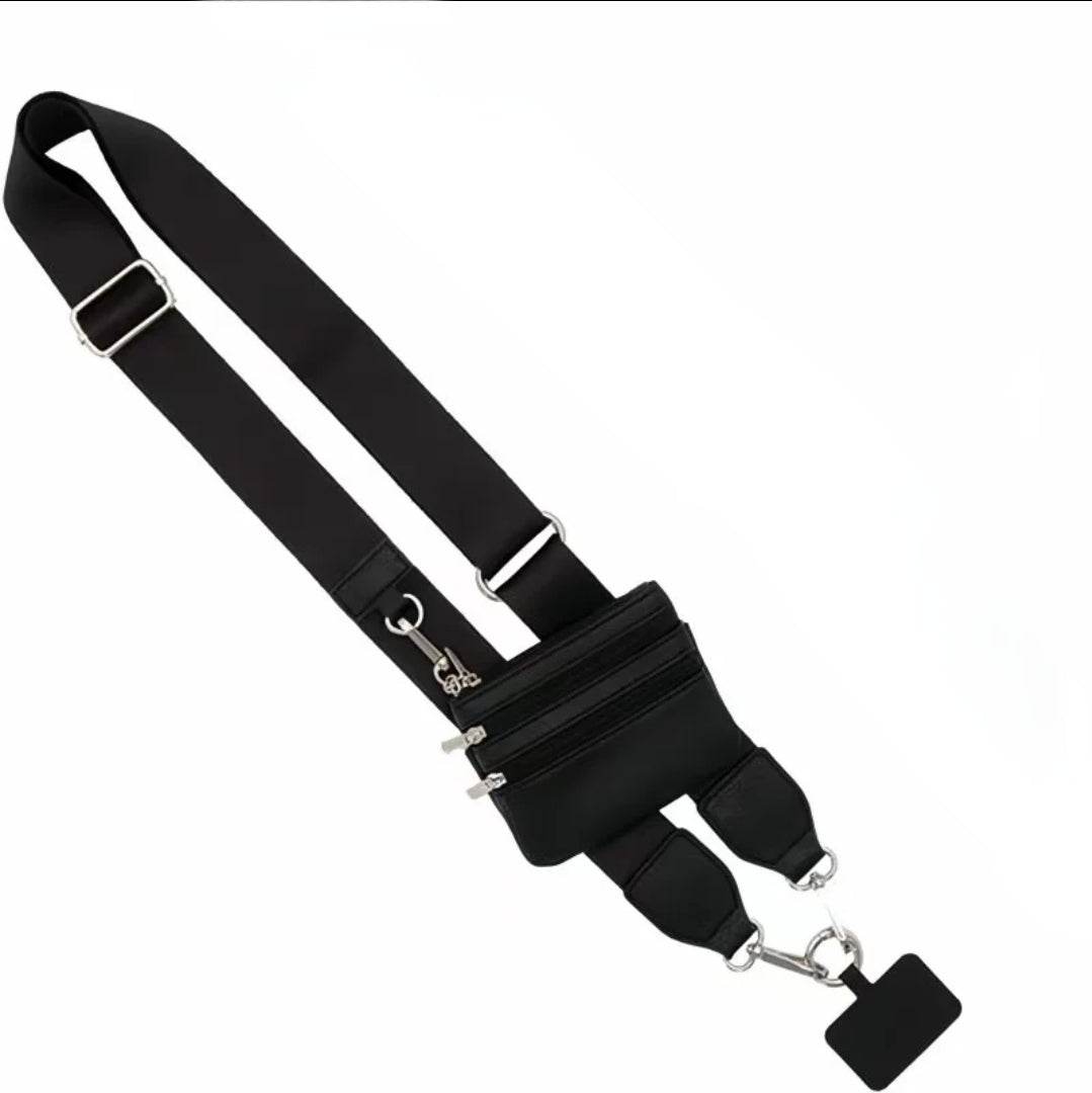 Black shoulder strap with small pouch and phone holder.