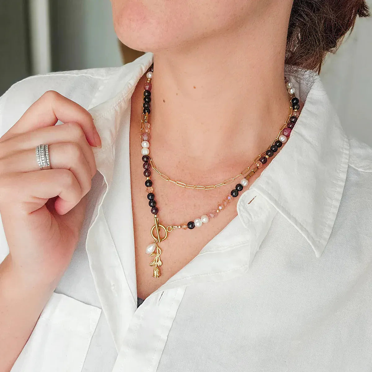 Rock Paper Pretty COLETTE Garnet, Pearl & Strawberry Quartz Necklace