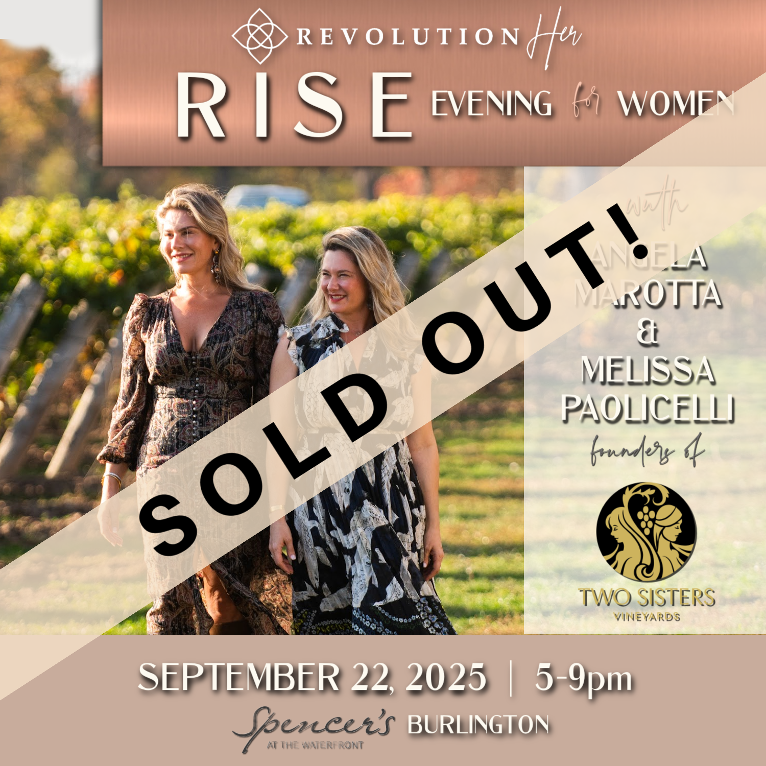RISE Evening for Women sold out postcard featuring two sisters