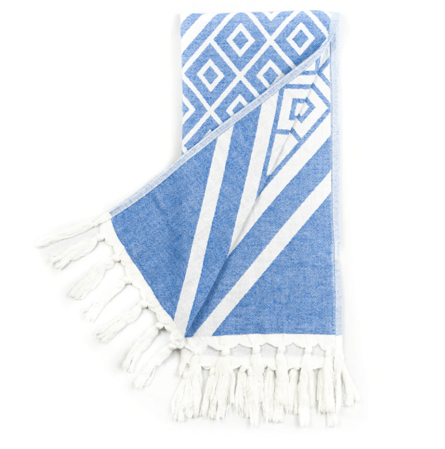 Pomp & Sass Turkish Hand Towel - Geo Diamond Blue/White
