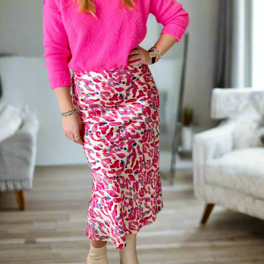 DOTTY Pink Leopard Silk Skirt