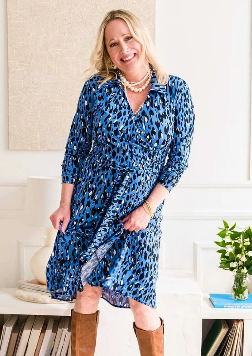 DOTTY Blue Leopard Print Wrap Dress