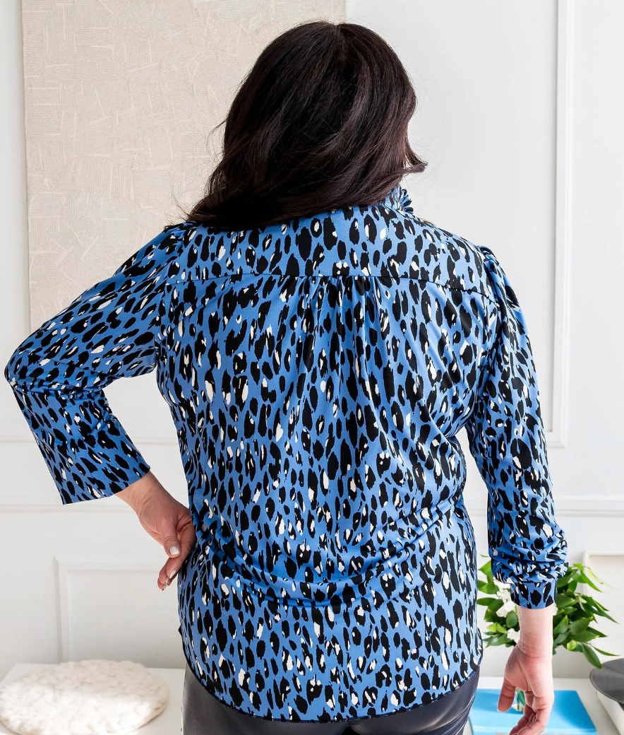 DOTTY Blue Leopard Tie Blouse