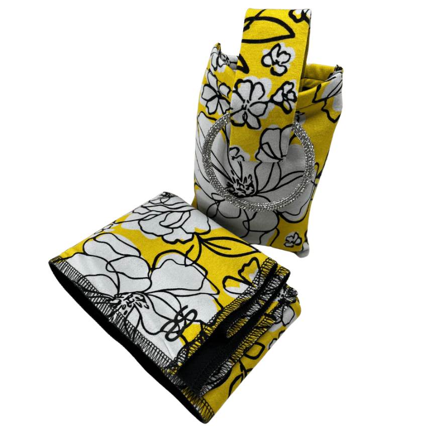 Yellow floral fabric and hoop earrings, screenshot June 12, 2025