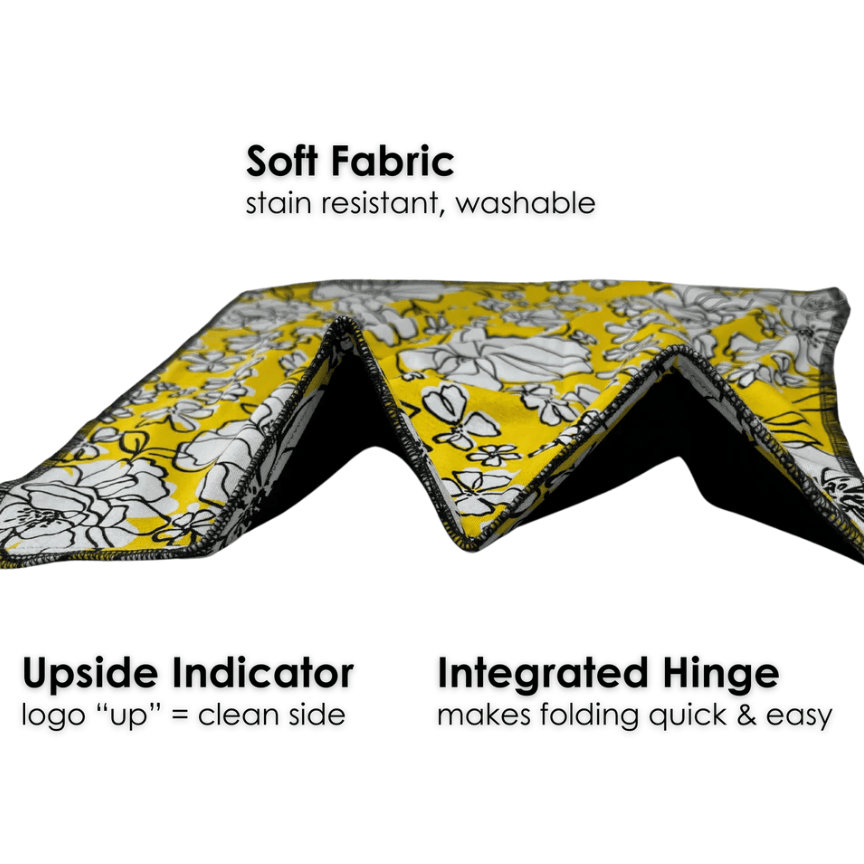 Yellow floral fabric with integrated hinge, stain-resistant and washable.