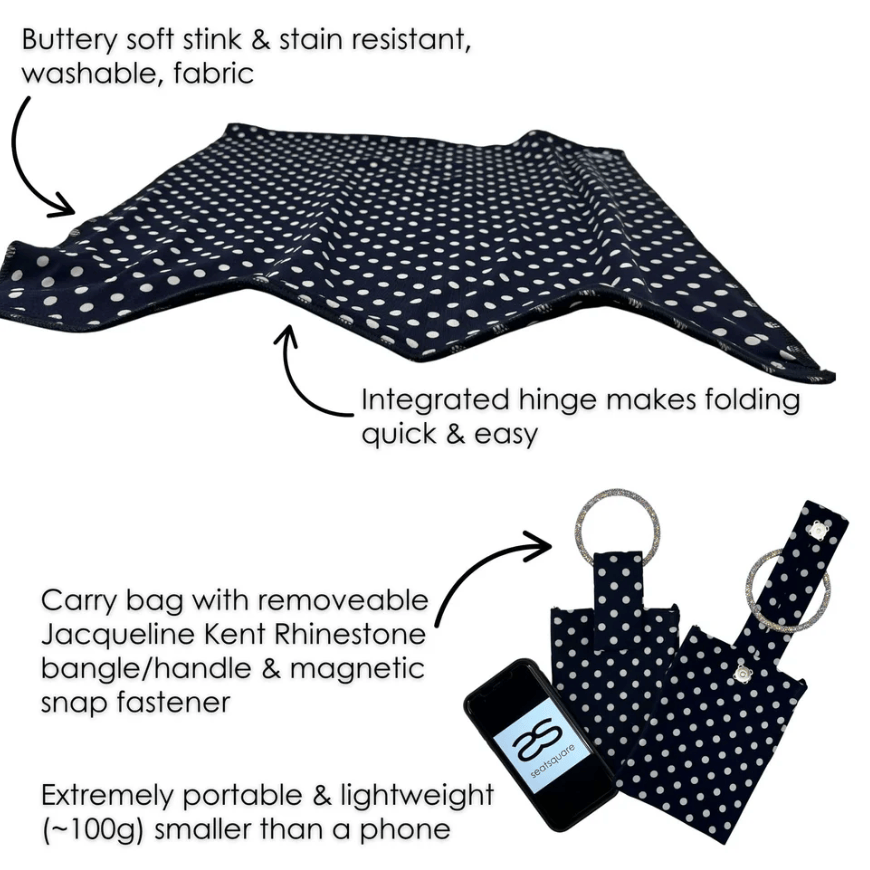 Screenshot of foldable carry bag with polka dots, portable and stain-resistant.