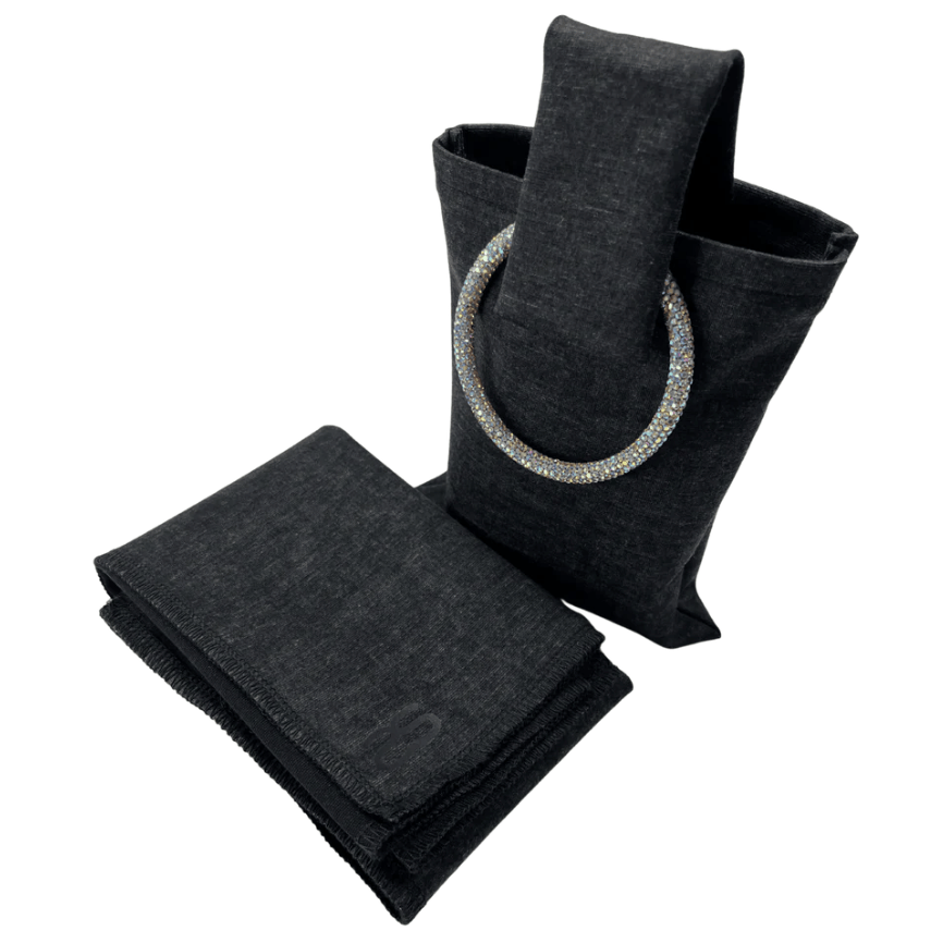 Black tote bag with rhinestone handle, June 12 screenshot.