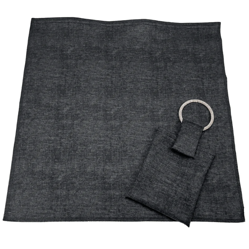 Dark grey fabric square with attached pouch and ring.