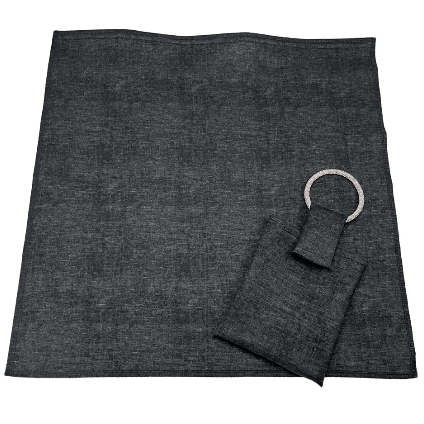 Dark grey fabric square with attached pouch and ring.
