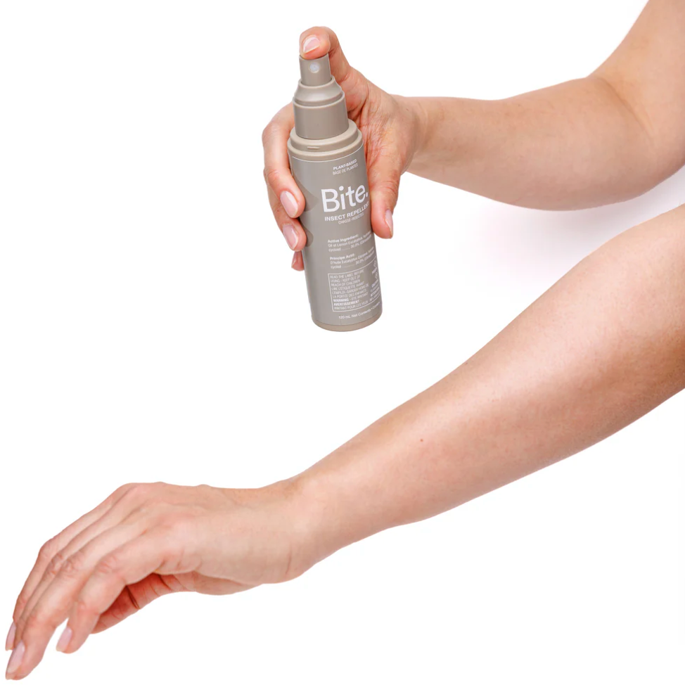 Bite insect repellent being sprayed on arm (Screenshot 2025)