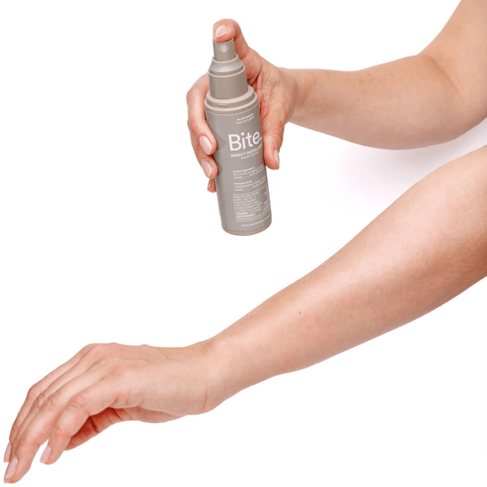 Bite insect repellent being sprayed on arm (Screenshot 2025)