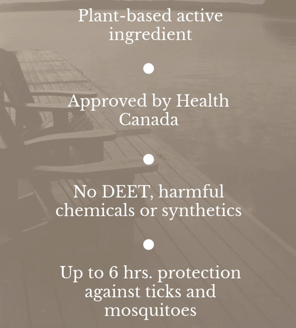 Screenshot of plant-based insect repellent features, Health Canada approved.