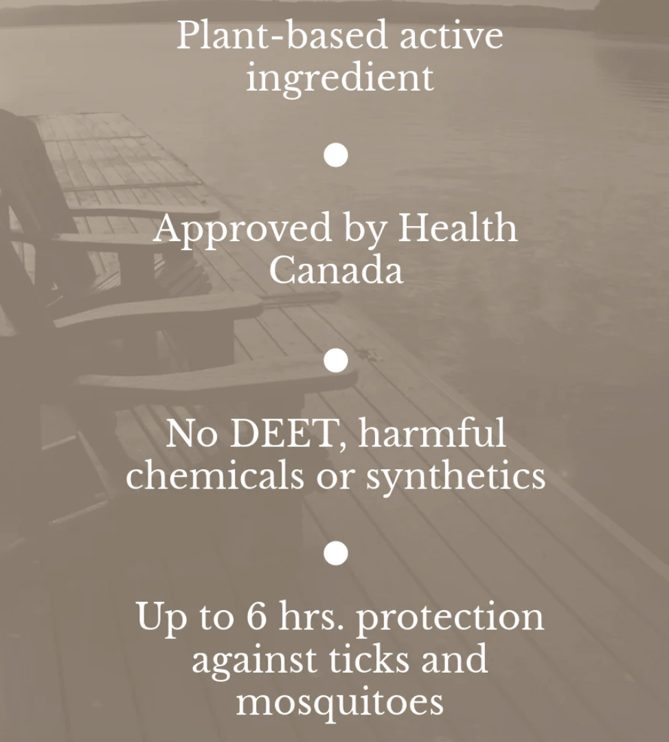 Screenshot of plant-based insect repellent features, Health Canada approved.