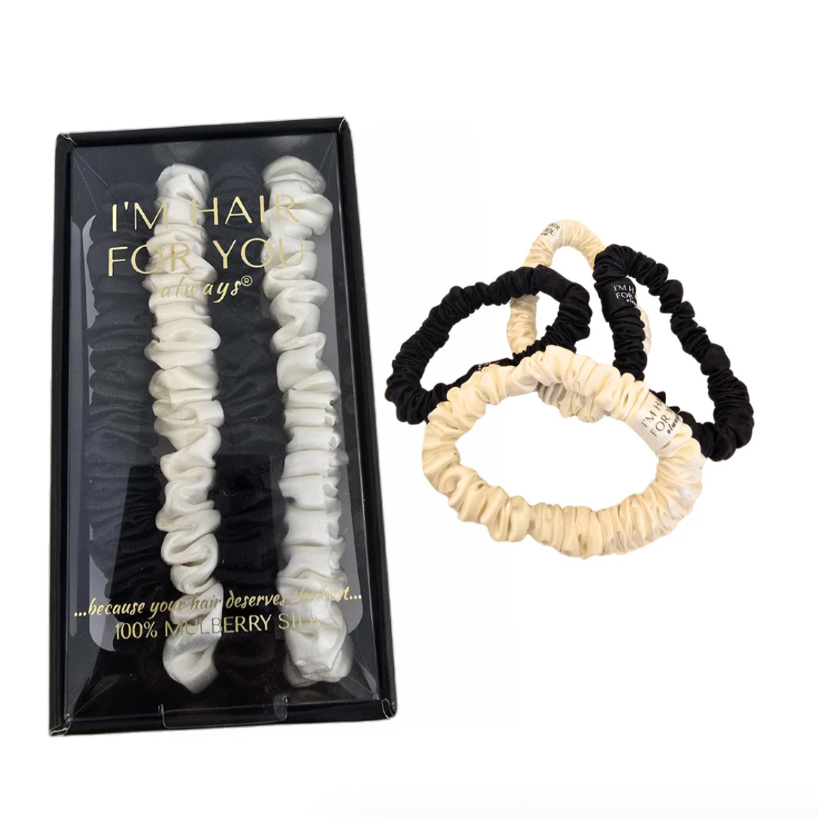 Silk scrunchies in black and cream, June 23 screenshot