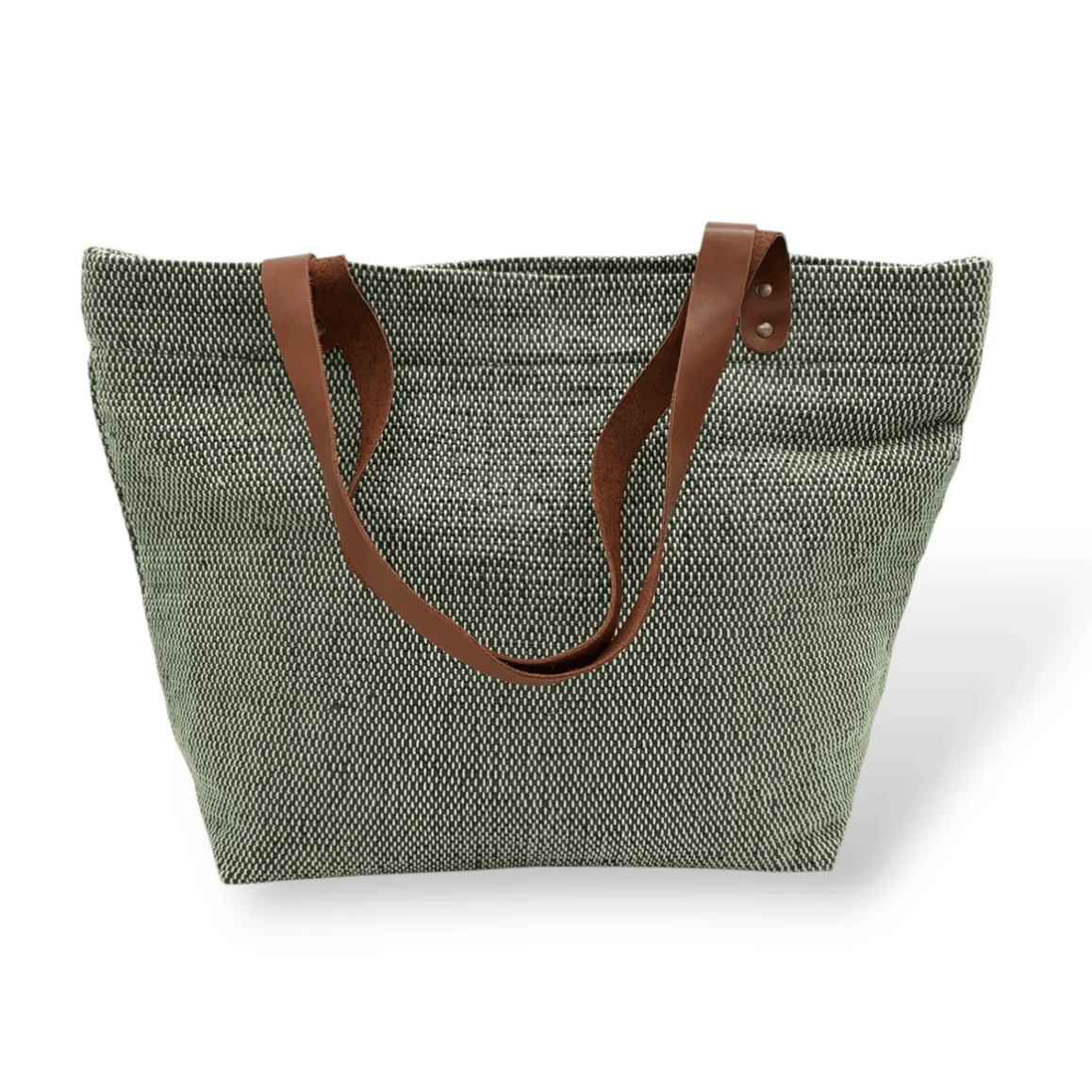 Green woven tote bag with leather handles