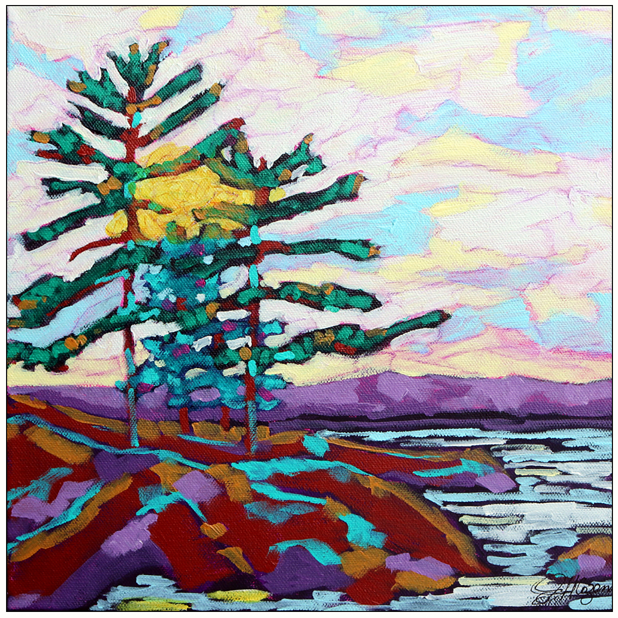 Screenshot of colorful lakeside trees and sunset, July 3, 2025.