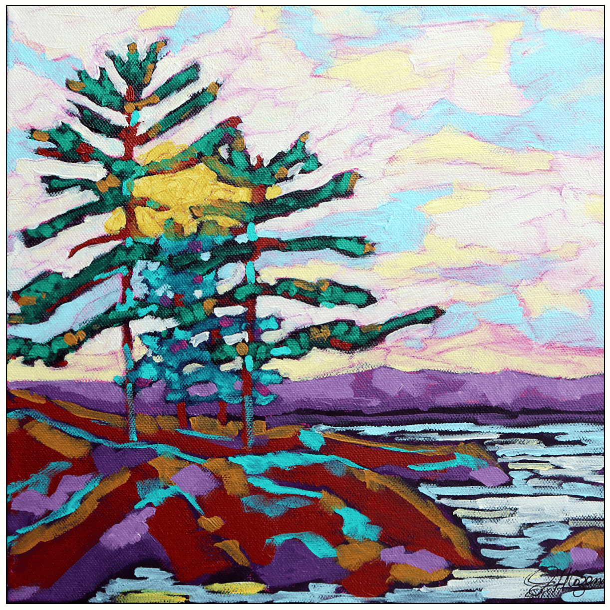 Screenshot of colorful lakeside trees and sunset, July 3, 2025.