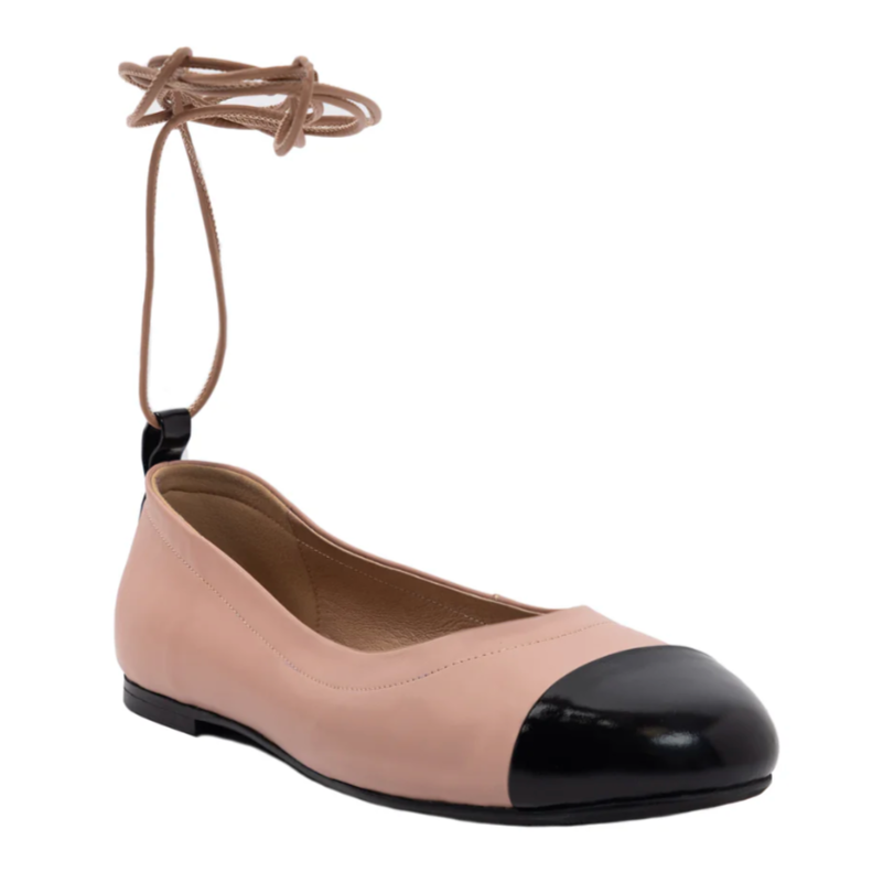 Screenshot of pink and black ballet flats with ankle tie