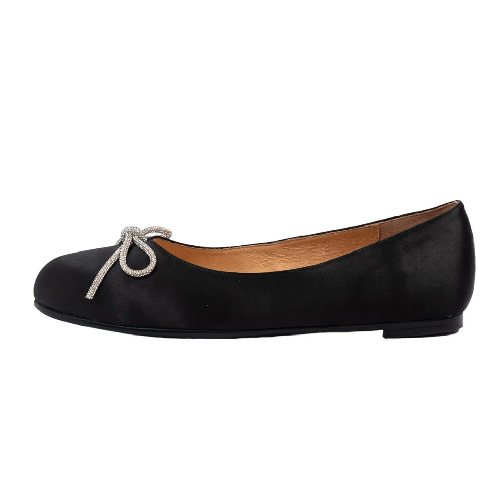 Screenshot of black satin ballet flats with bow