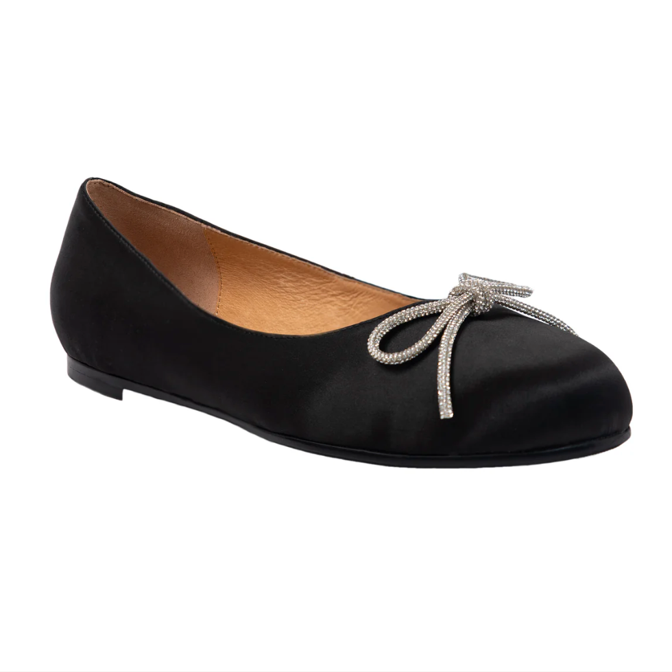 Screenshot of black satin bow flats, July 16, 2025.