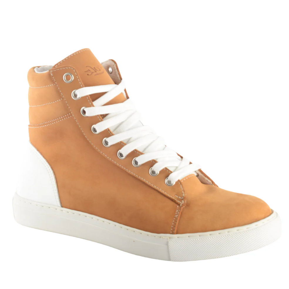 Tan high-top sneaker with white accents - Screenshot July 16, 2025