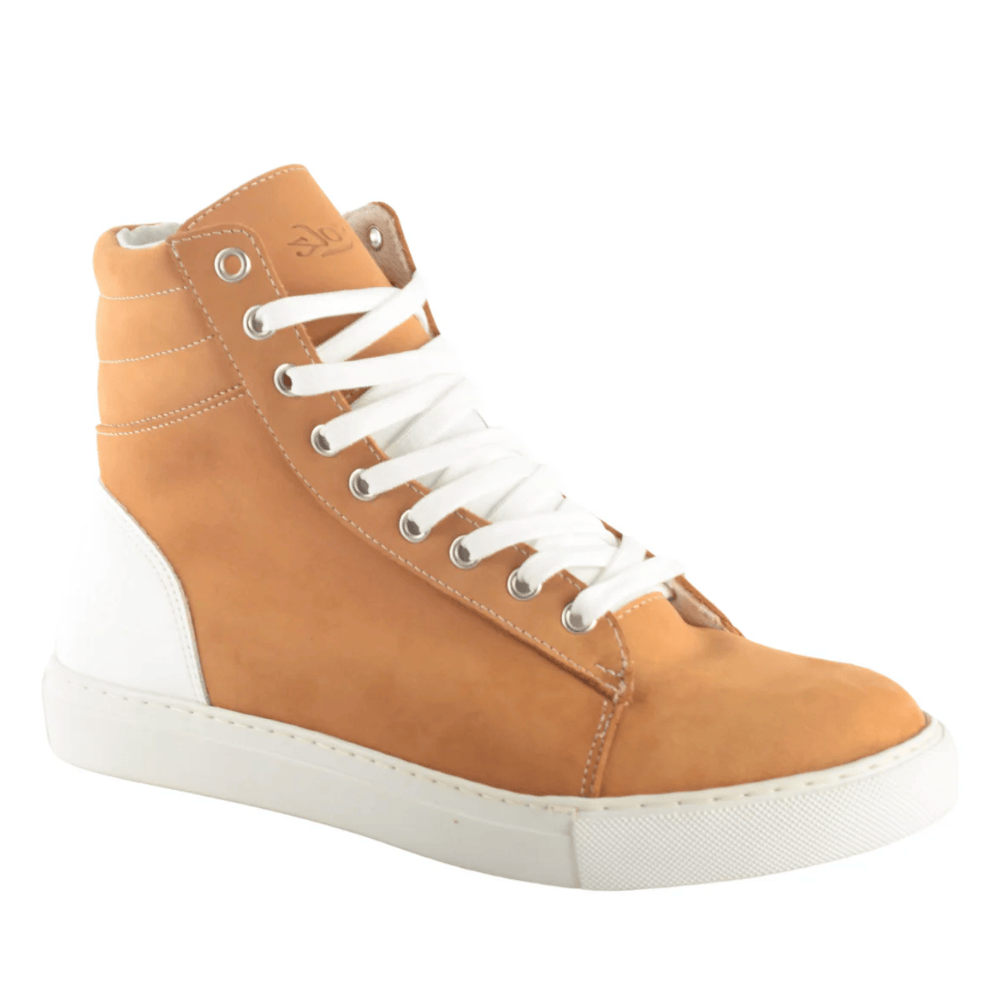 Tan high-top sneaker with white accents - Screenshot July 16, 2025