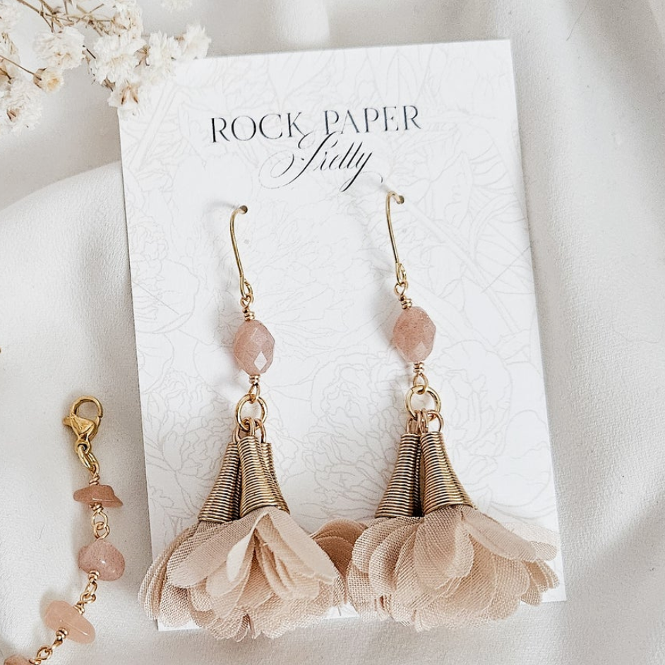 Earrings with pink floral tassels, screenshot from July 21, 2025