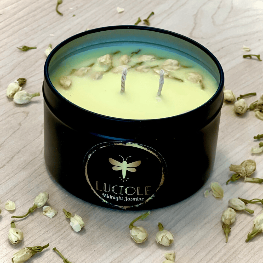 Luciole Midnight Jasmine candle with dried jasmine buds.