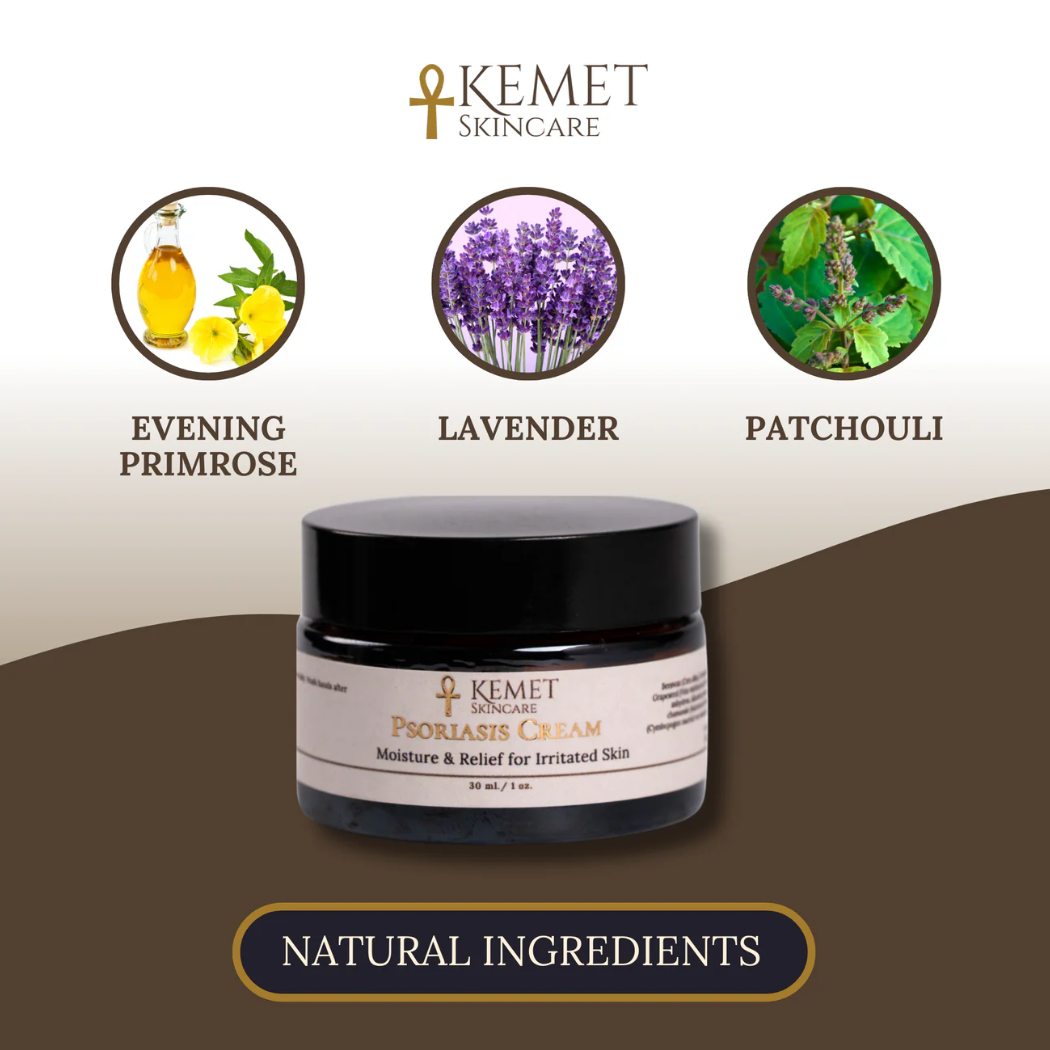 Kemet Psoriasis Cream with evening primrose, lavender, and patchouli.