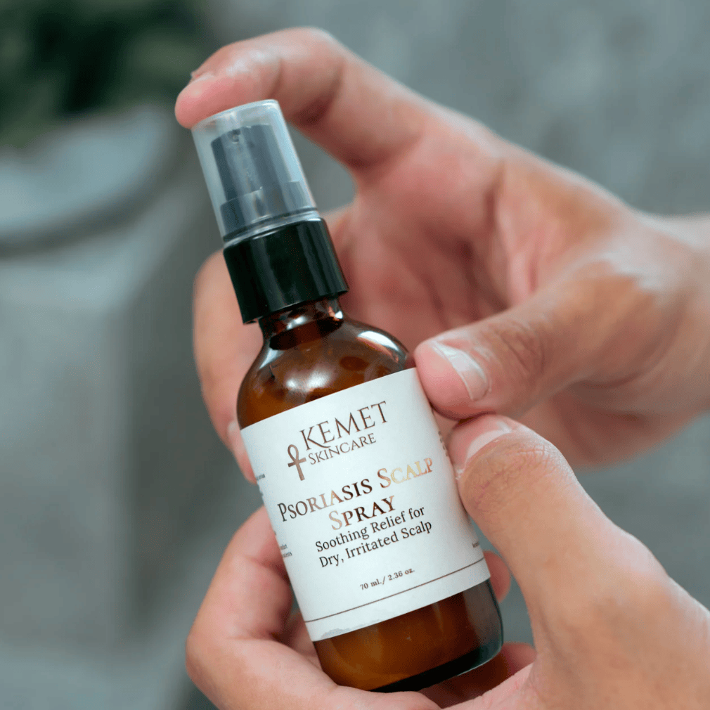 Kemet Skincare Psoriasis Scalp Spray being held, Screenshot 2025-08-08