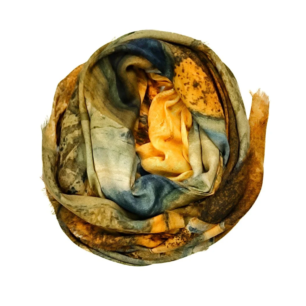 Screenshot of a rolled colorful scarf, August 11, 2025.