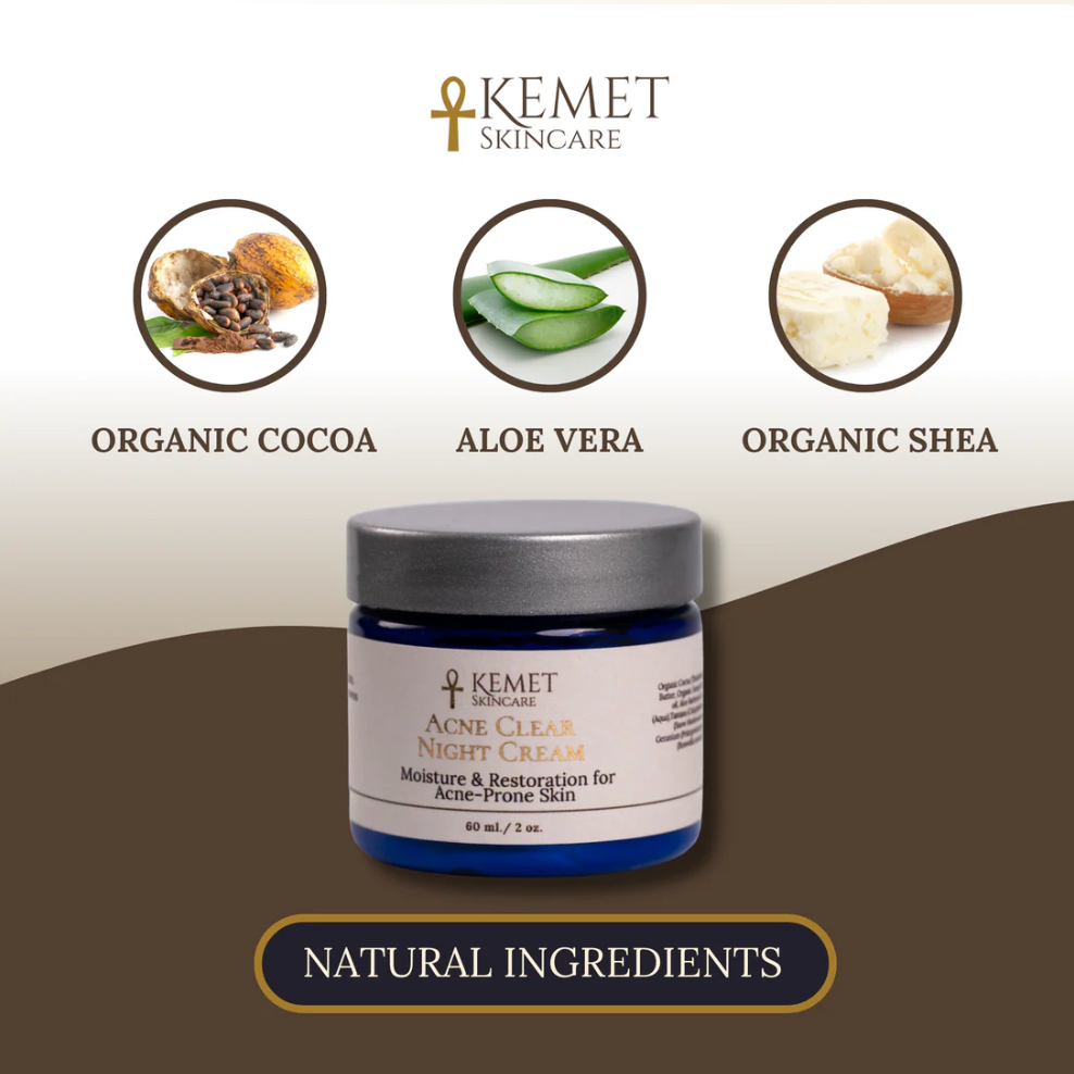 Kemet Skincare Acne Clear Night Cream with organic cocoa, aloe vera, and shea.