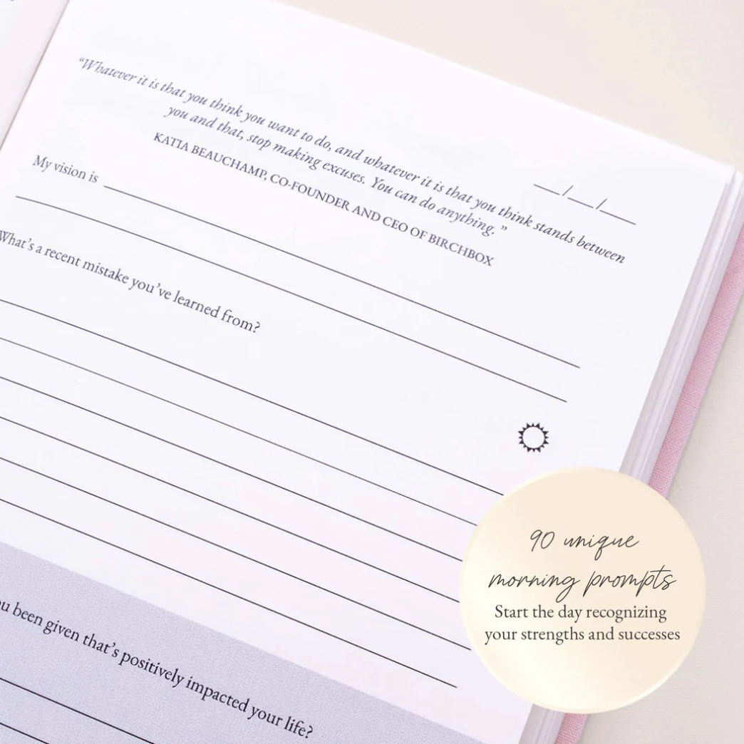 Screenshot of journal with morning prompts, Katia Beauchamp quote.