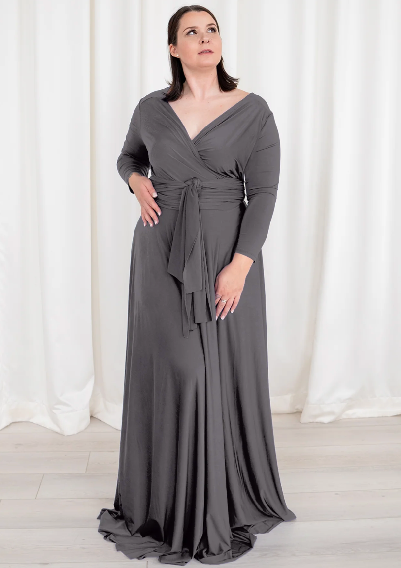 Woman in grey wrap maxi dress, Sept 4, 2025 screenshot.