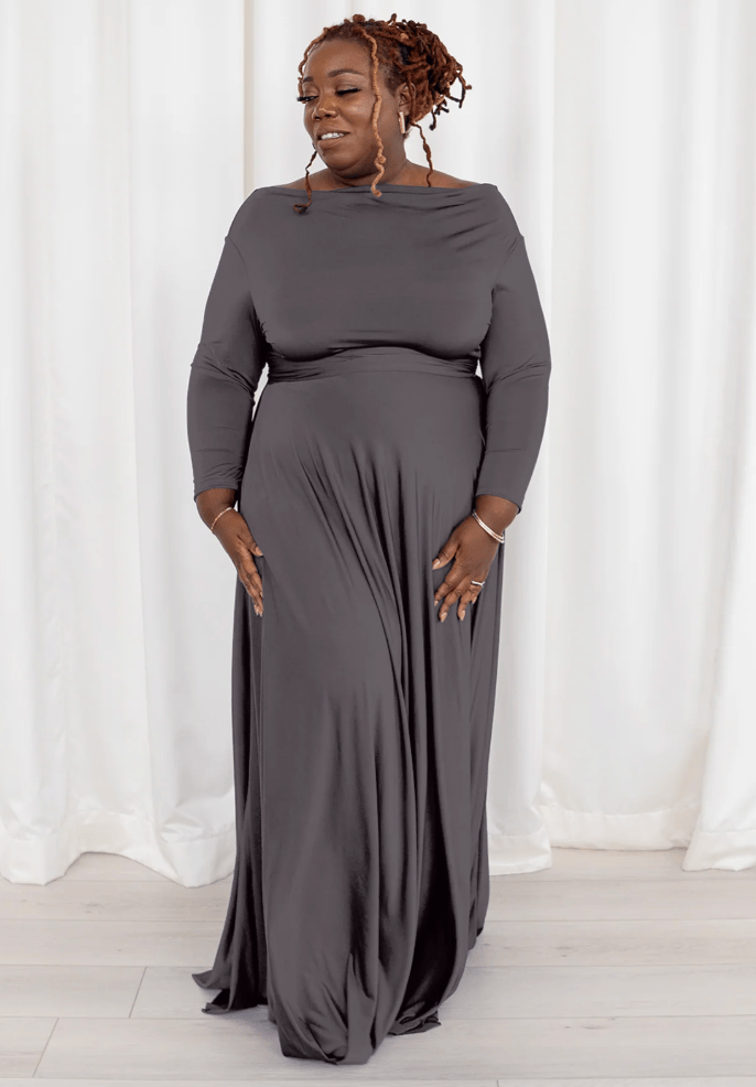 Woman in gray maxi dress, screenshot Sept 4, 2025