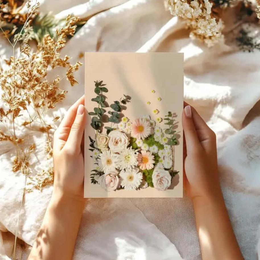 Woman holding floral card, screenshot Sept 4, 2025