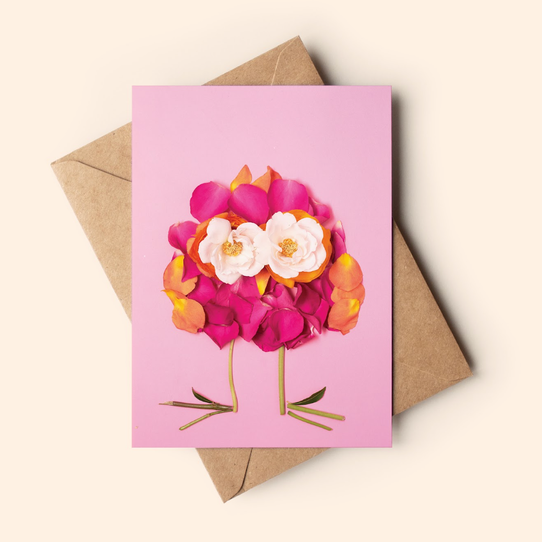 Screenshot of floral chick card on pink background
