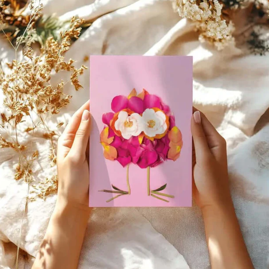 Flower art chick card held in hands, screenshot Sept 4, 2025.