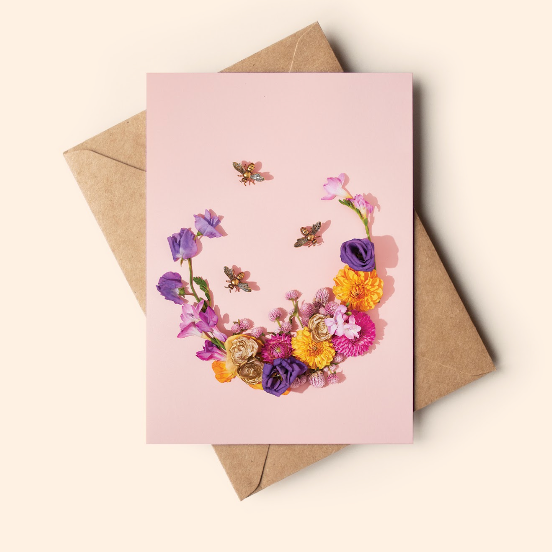 Floral card with bees, screenshot from September 4, 2025.