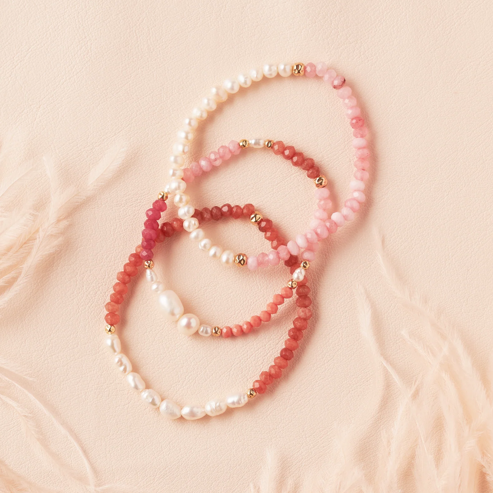 Screenshot of three beaded bracelets, pink and pearl, Sept 4, 2025.