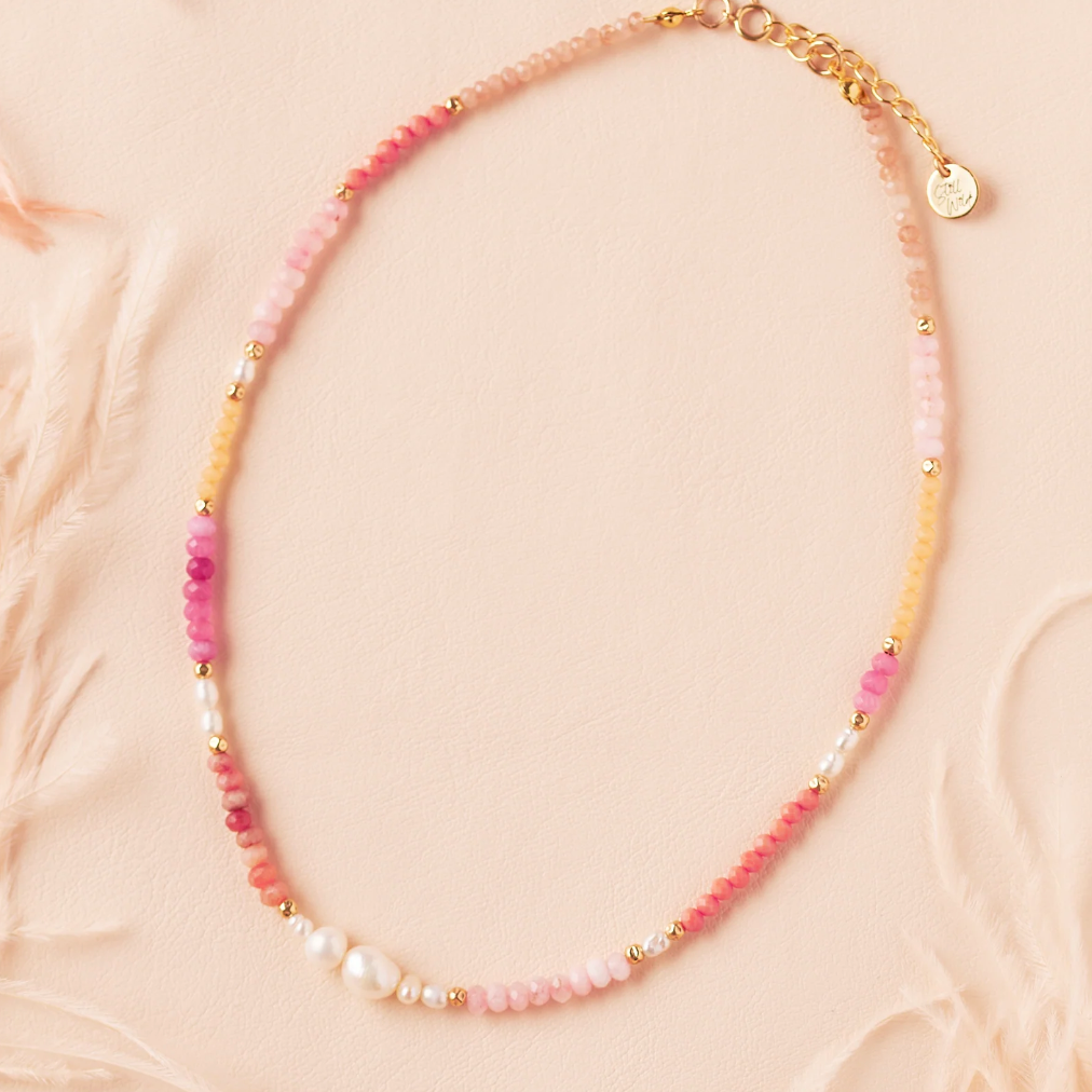 Pink beaded necklace, screenshot from Sept 4, 2025.