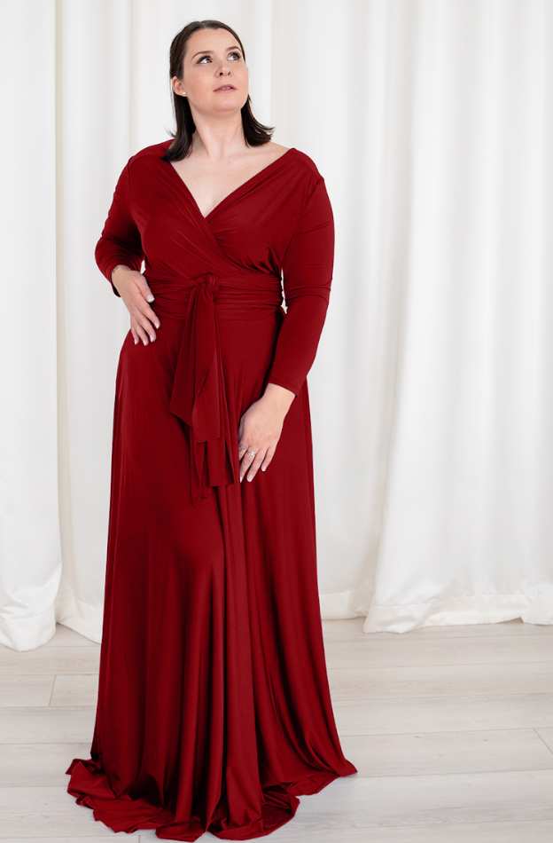 Screenshot of woman in red wrap maxi dress