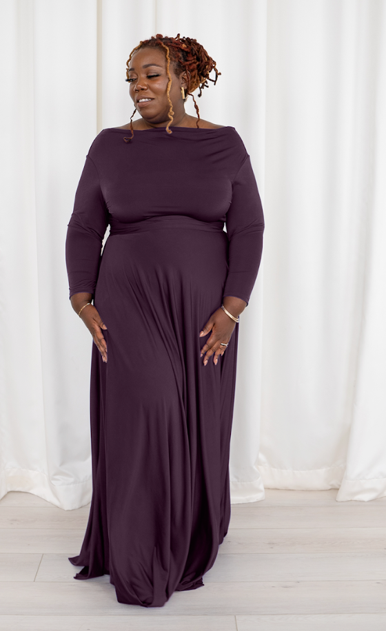 Woman in purple maxi dress, Sept 6 screenshot