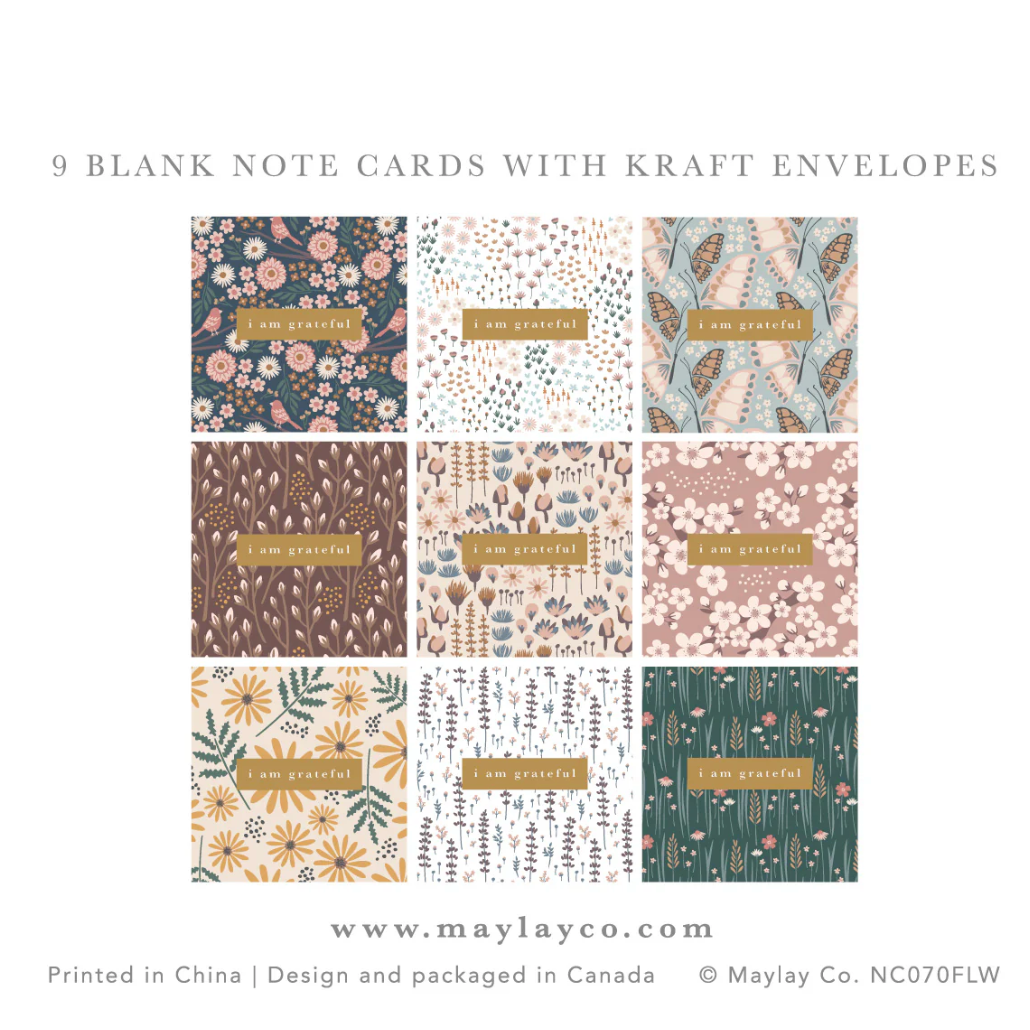 Screenshot of 9 floral note cards with kraft envelopes.