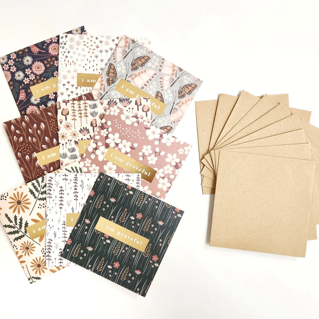 Screenshot of floral I am grateful cards and envelopes.
