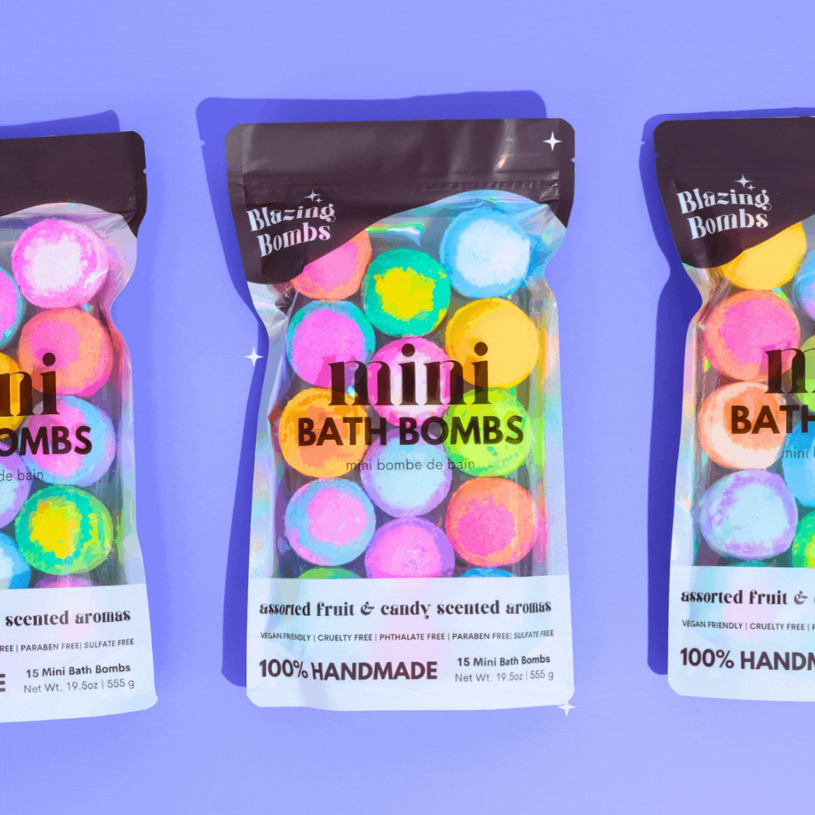 Screenshot of Blazing Bombs mini bath bomb bags, assorted fruit & candy scents.