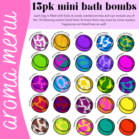 Screenshot of 15pk mini bath bomb scents menu.