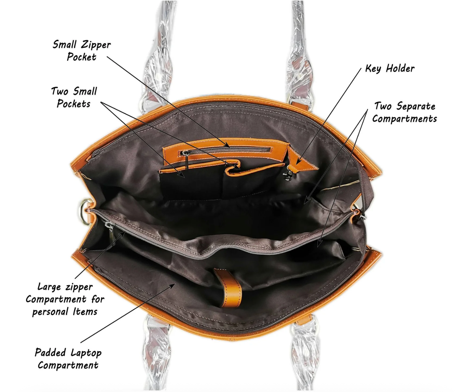 Open view of a tan leather tote bag with multiple compartments.