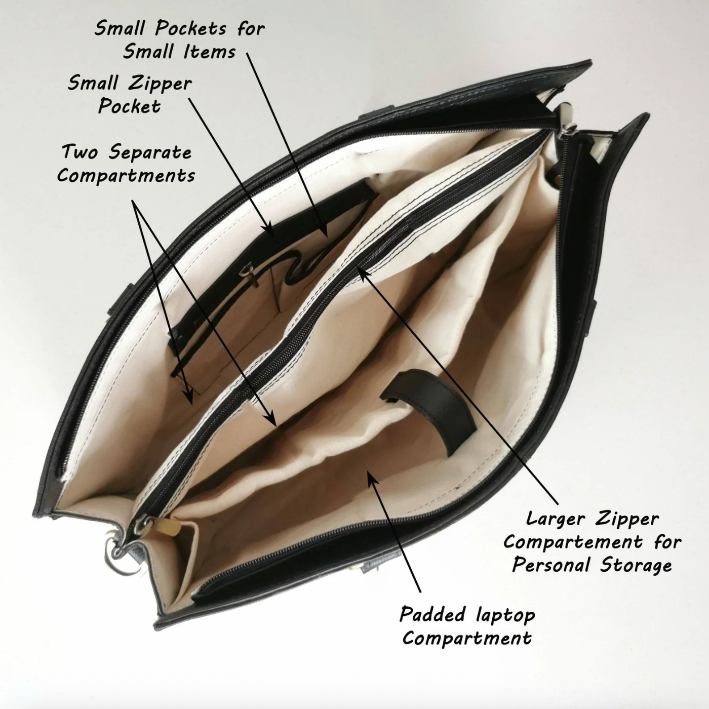 Open black leather bag with compartments, screenshot from 2025.