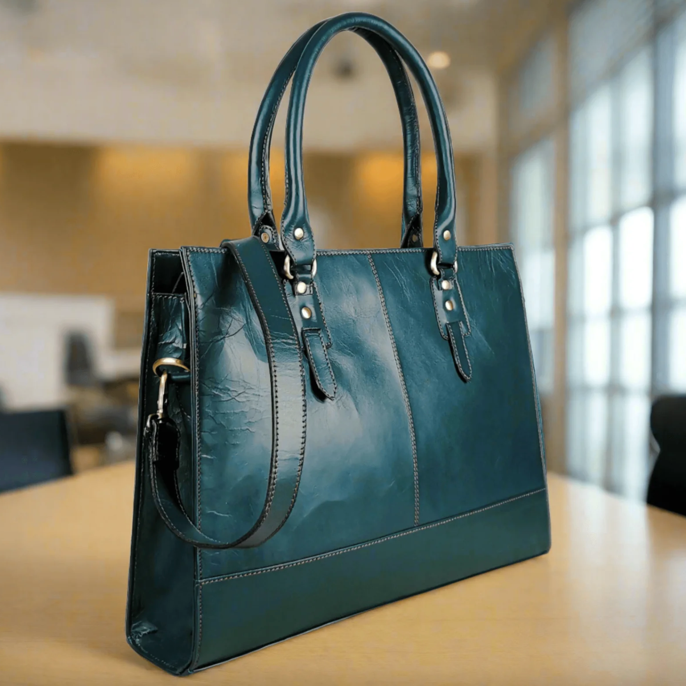 Teal leather tote bag on table, screenshot Sept 18, 2025